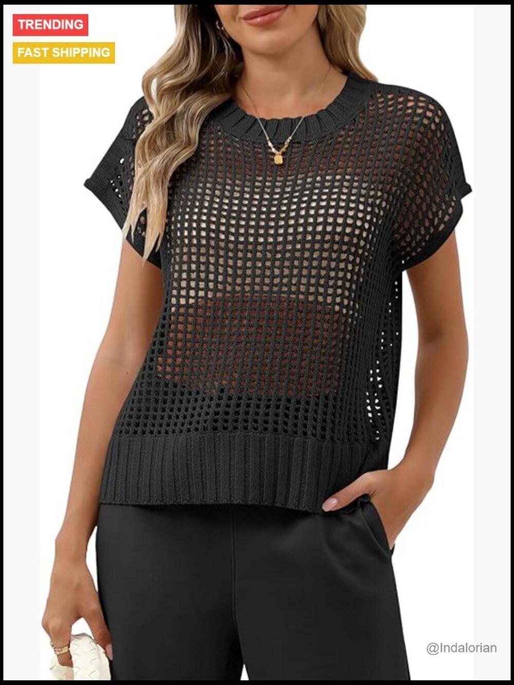 Short Sleeve Crochet Sheer Knit Sweater Top Beach Cover Up Hollow Out See